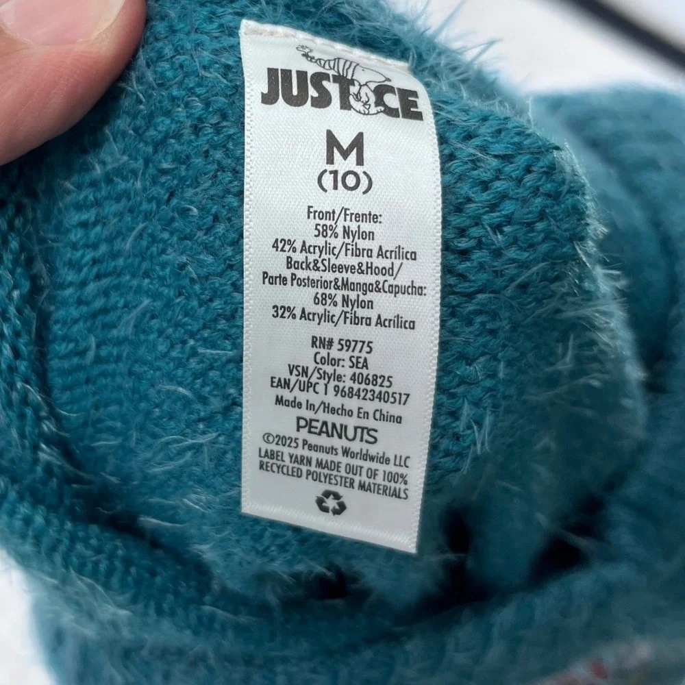 Justice Woodstock‎ Peanuts Hoodie Sweater Kids Medium 10 Sea Blue Fuzzy Holiday
